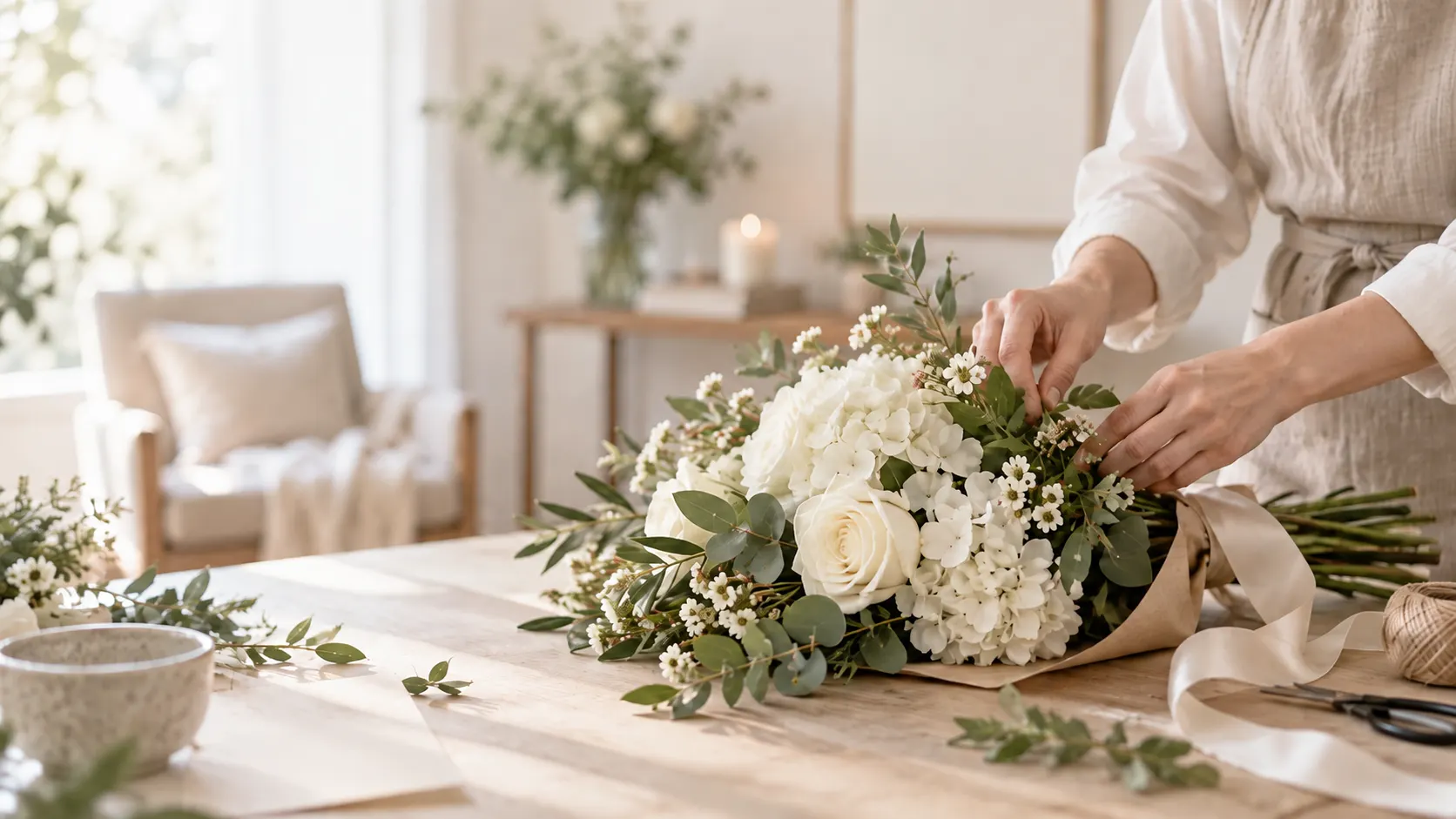 Mãos arrumando um arranjo de flores brancas em um ambiente acolhedor